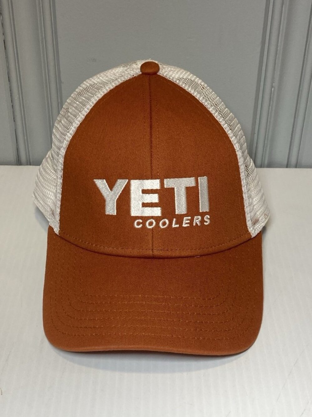 YETI Coolers Hat Cap SnapBack Burnt Orange / White Trucker Mesh Embroidered Mens